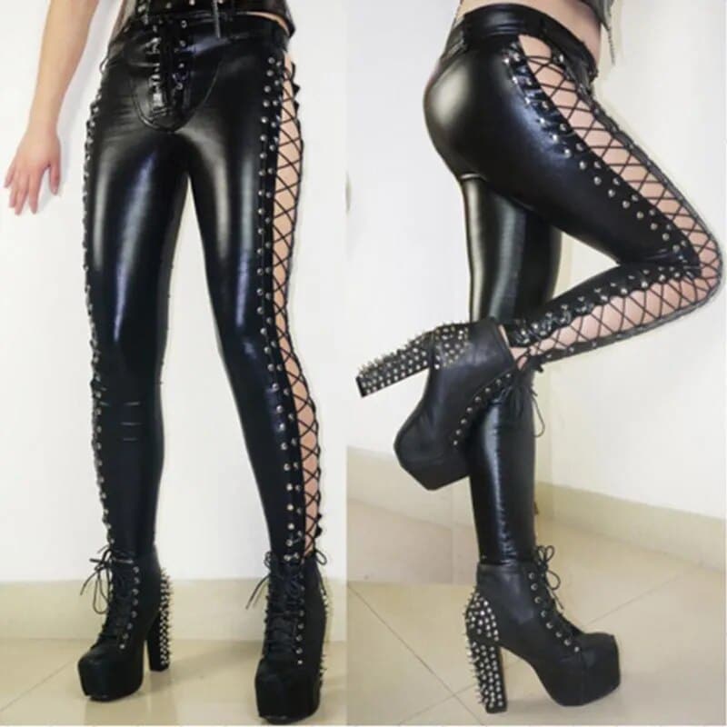 buy black latex lace up pants