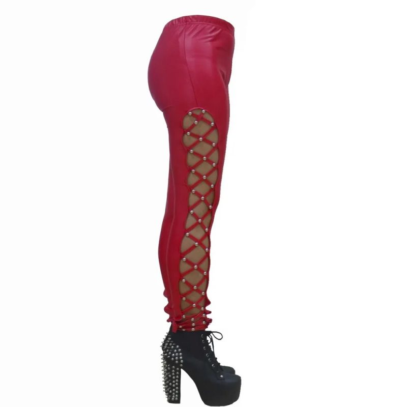 latex lace up pants red